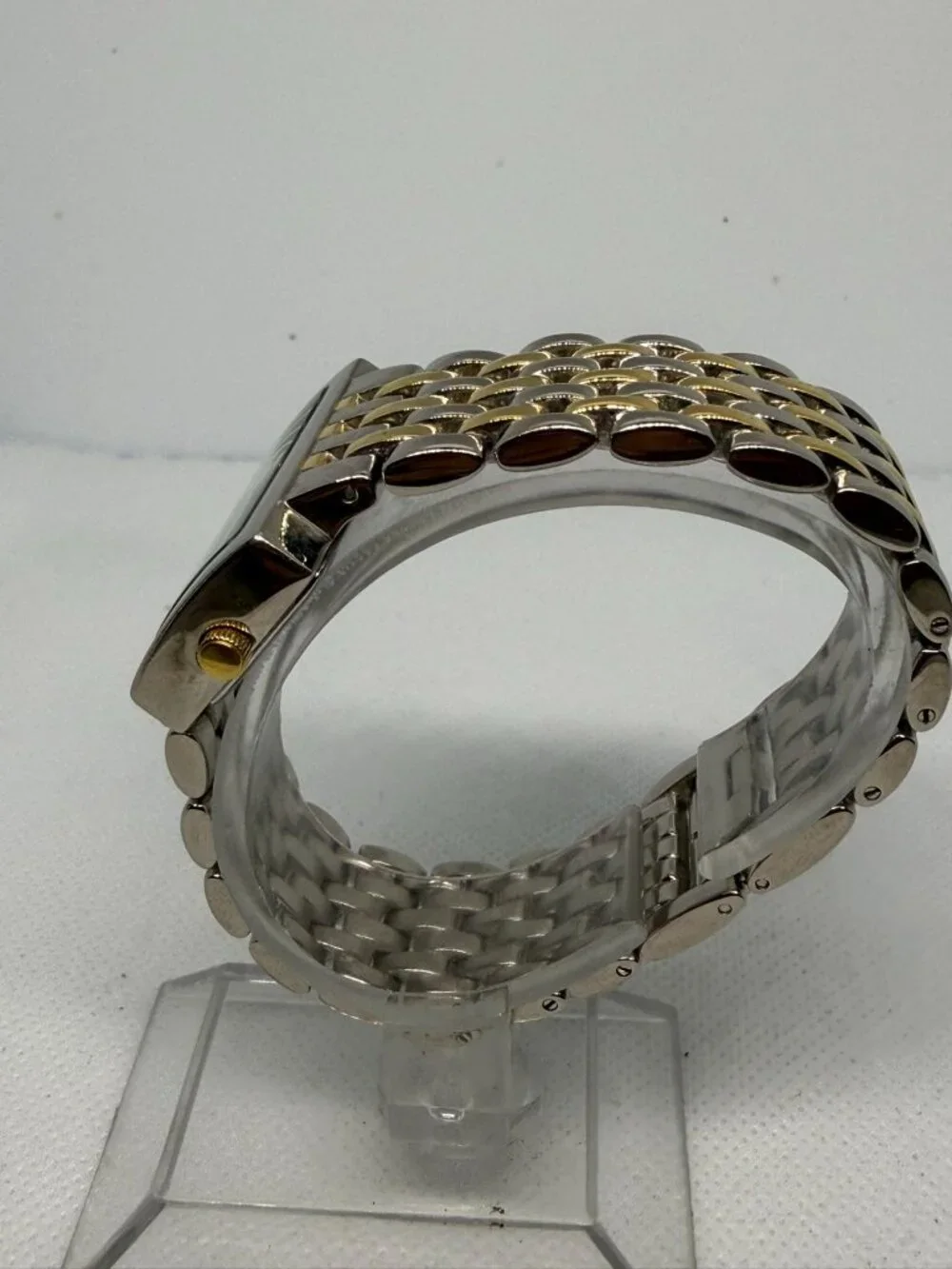 Anne Klein Diamond Ladies Two-Tone Rectangular Bracelet Watch Silver Dial 1072S3